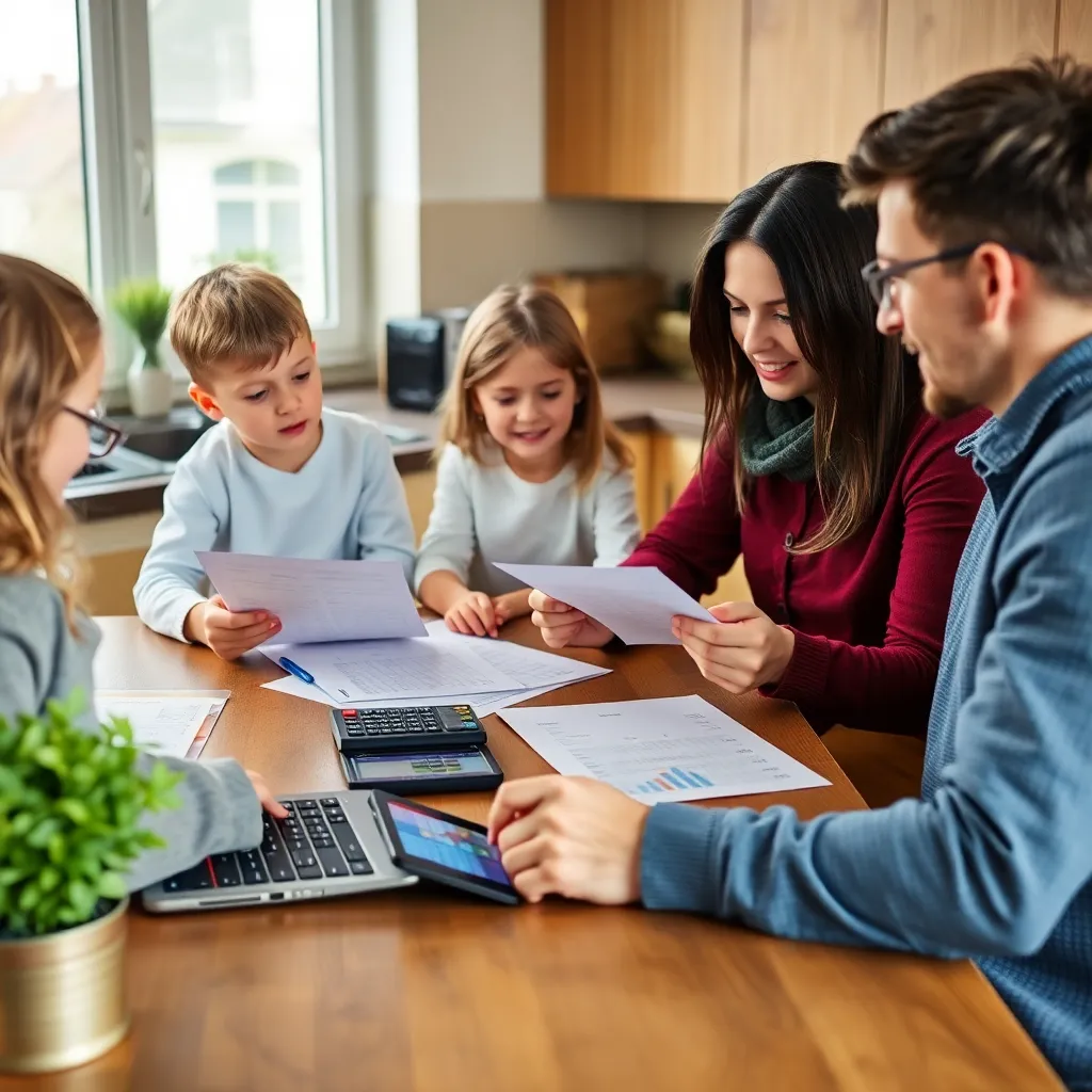 Familie die samen financiën bespreekt aan keukentafel