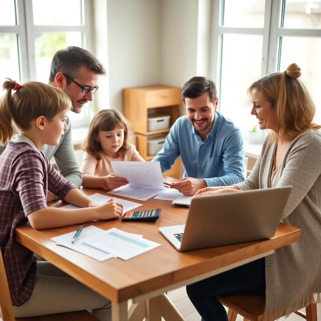Gezin dat samen aan tafel een huishoudbudget bespreekt