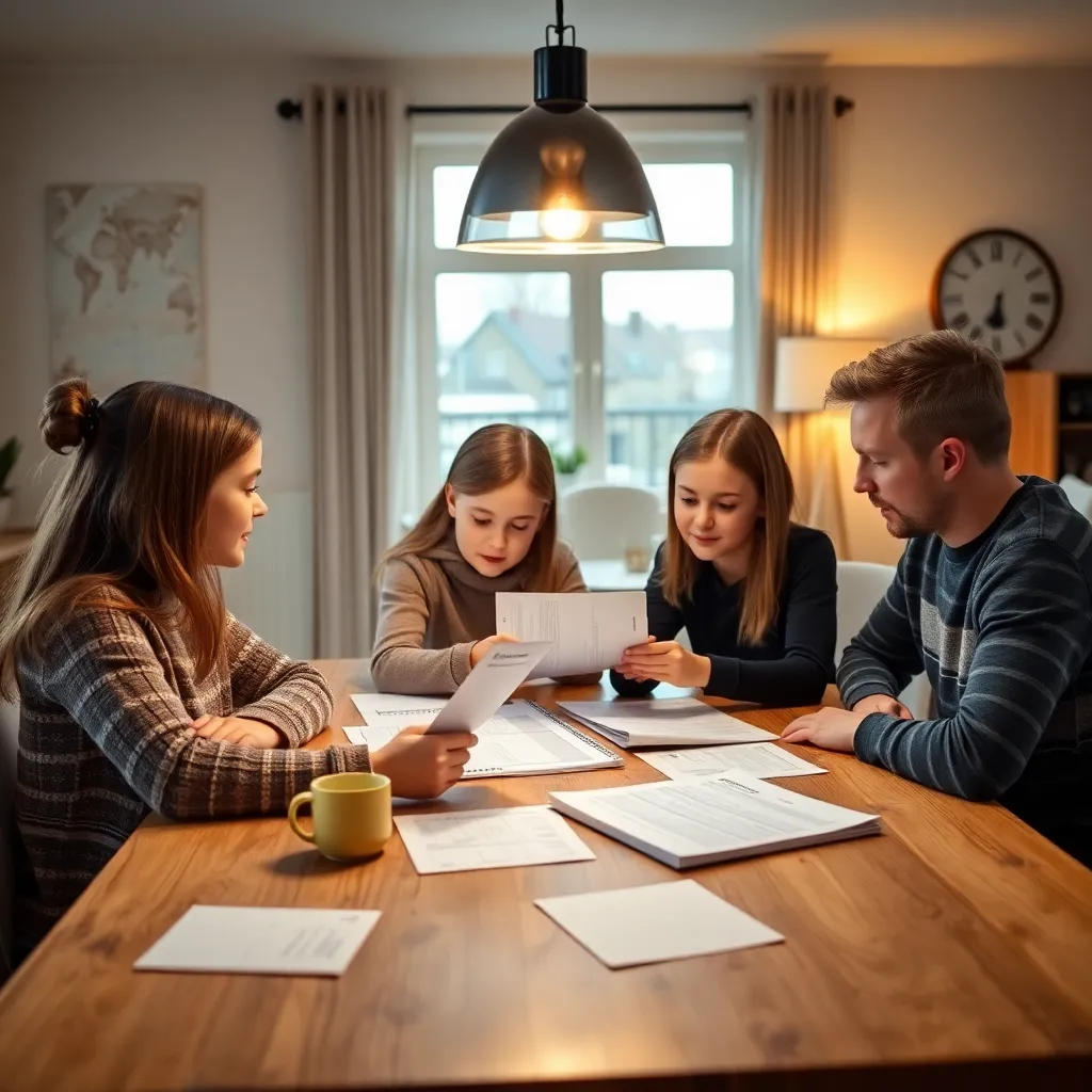 Gezin dat samen aan tafel een huishoudbudget bespreekt