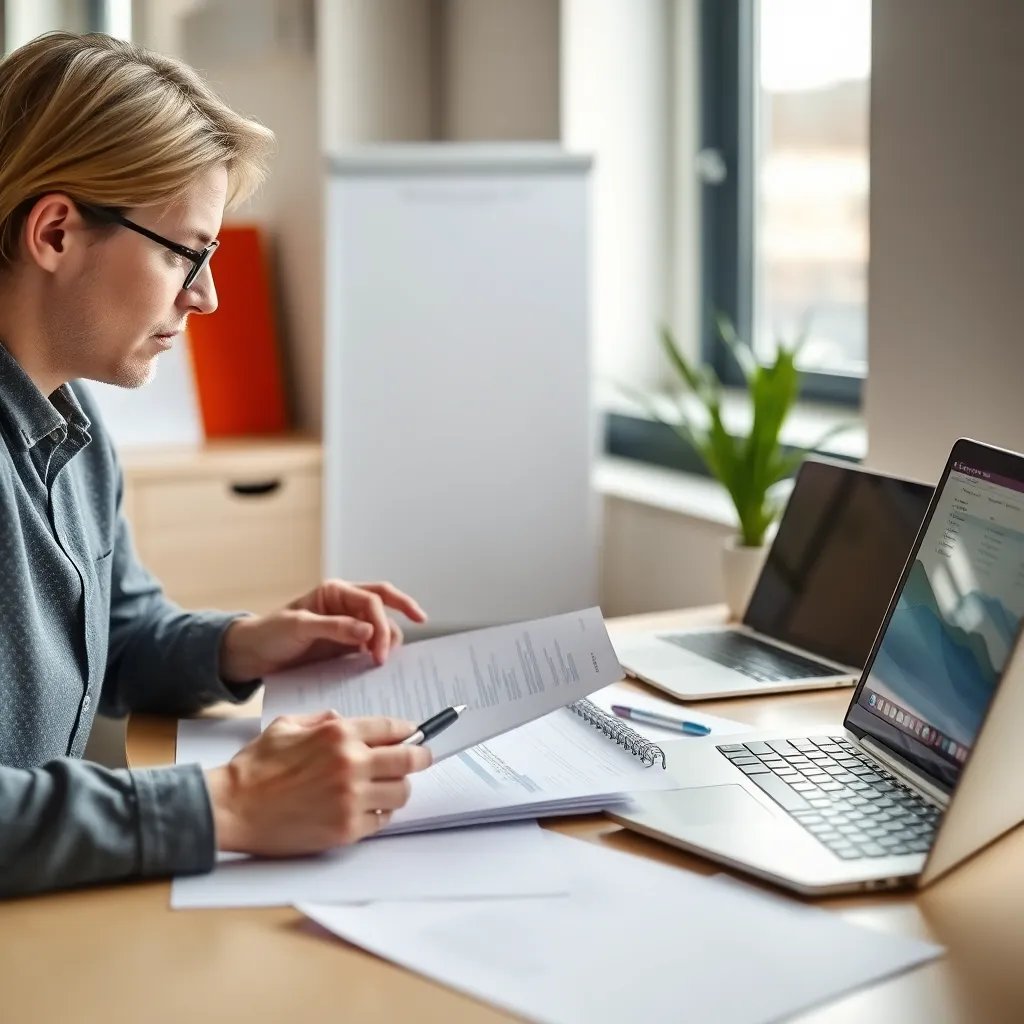 Persoon die een budgetplan maakt op laptop met financiële documenten