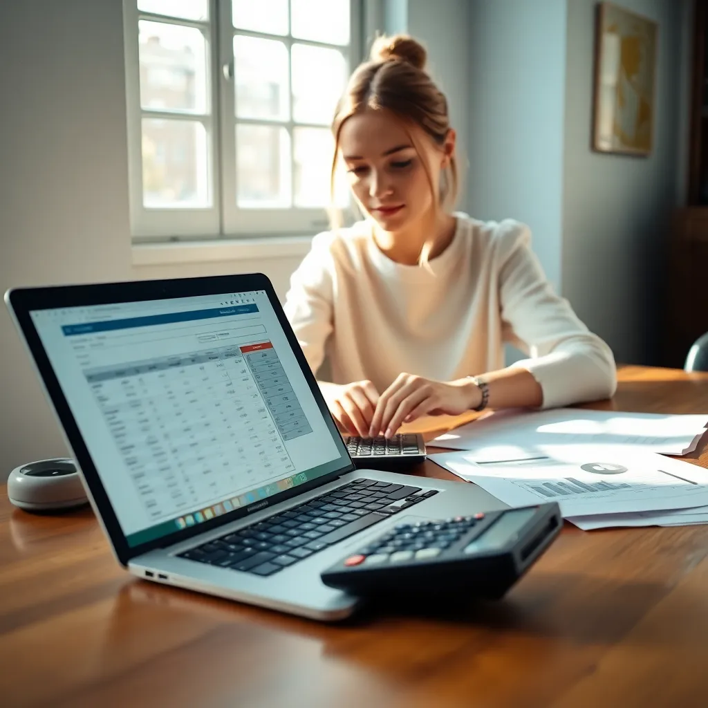 Persoon die een budgetplan maakt op laptop met financiële documenten